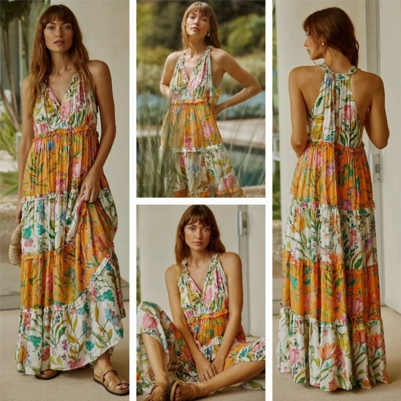 PQ Swim x Anthropologie Floral Ruffle Tiered Maxi Dress Orange M/L - Picture 3 of 14